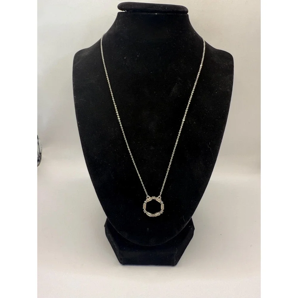 Silver‎ Tone Baguette Rhinestone Circle Pendant Necklace
